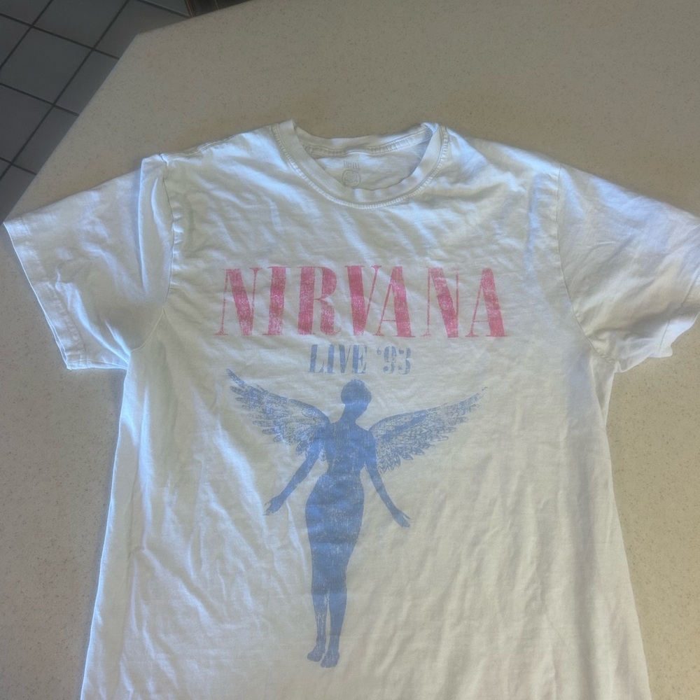 NIRVANA White Tee with Pink and Blue Graphic